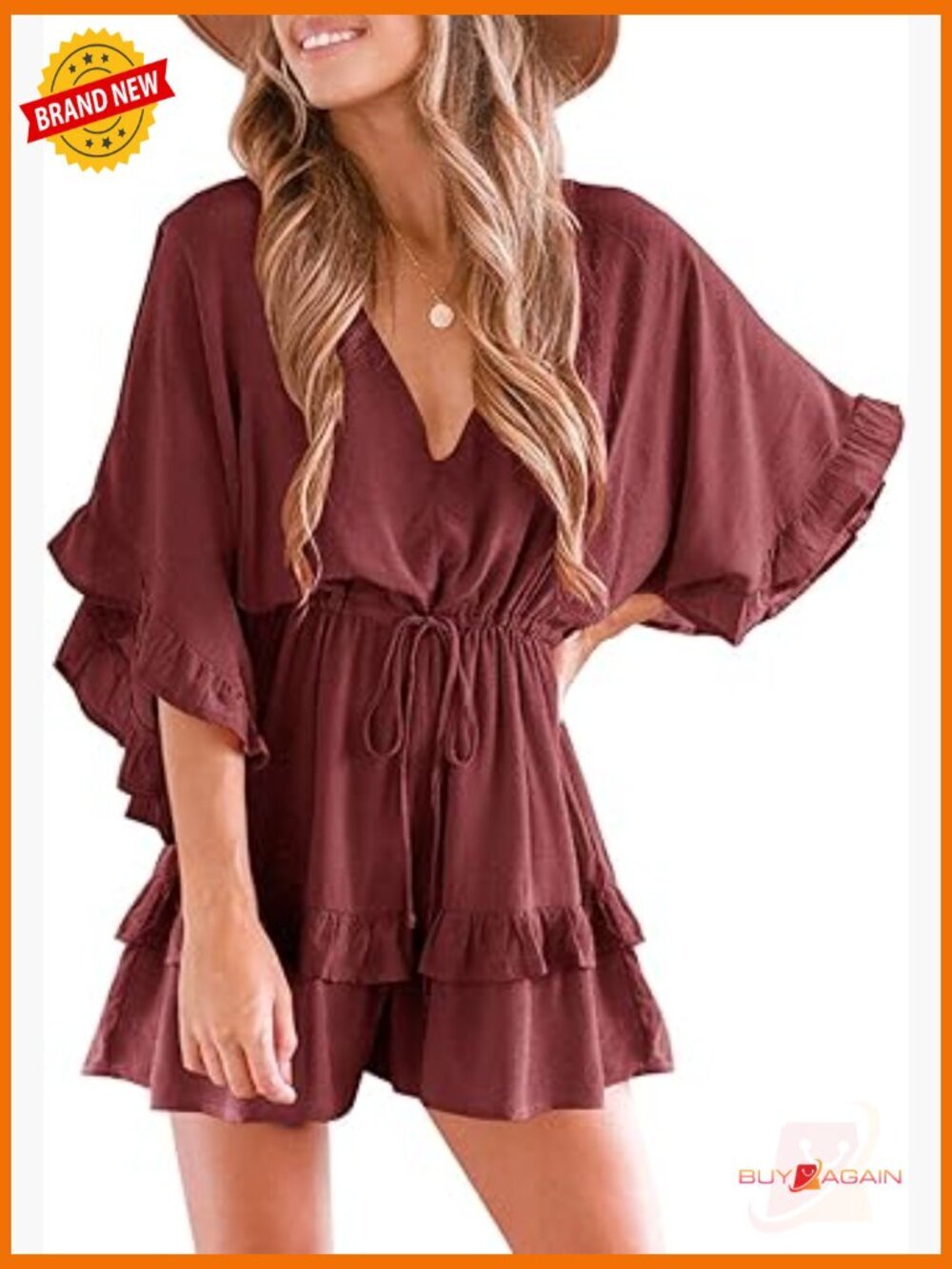 V Neck Beach Romper Ruffle Layered Drawstring Waisted Shorts Jumpsuit